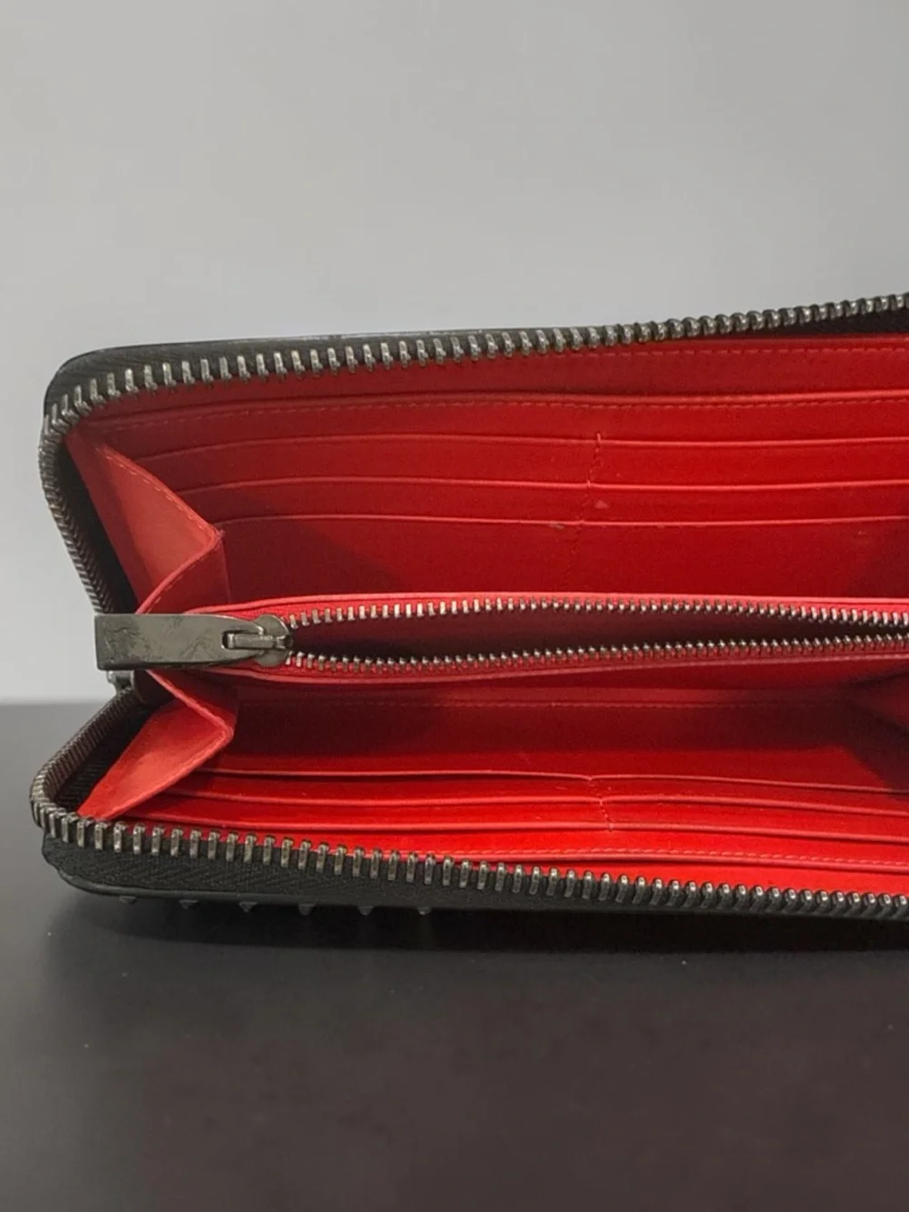 Christian Louboutin Panettone Spiked Zip Wallet Black Leather Red Sole Authentic